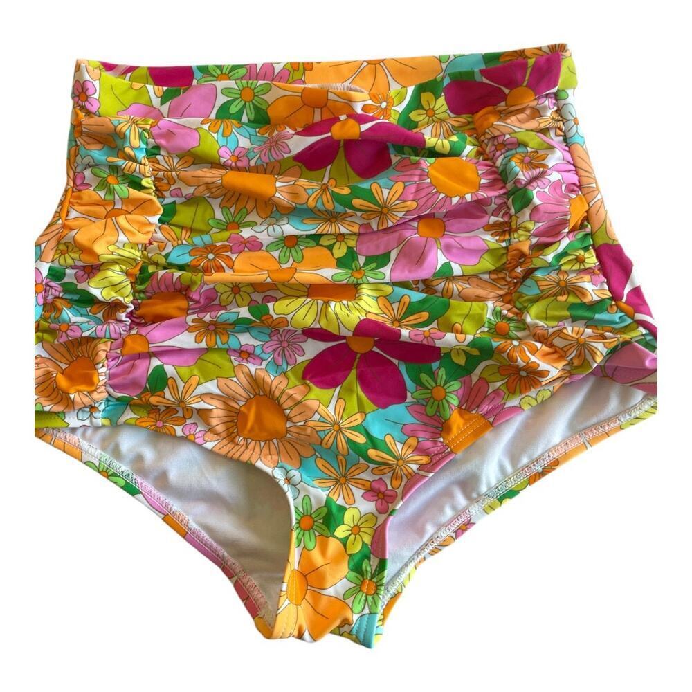 Unique Vintage Polka Orange Floral High Waisted Bikini Bottom 50s Pin Up Sz L